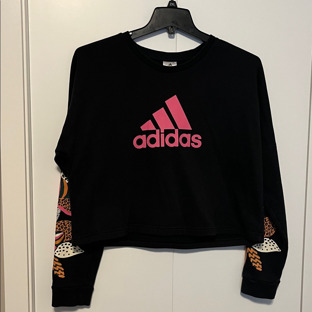 Adidas Black Sweatshirt with Pink Logo and Patterned Sleeves